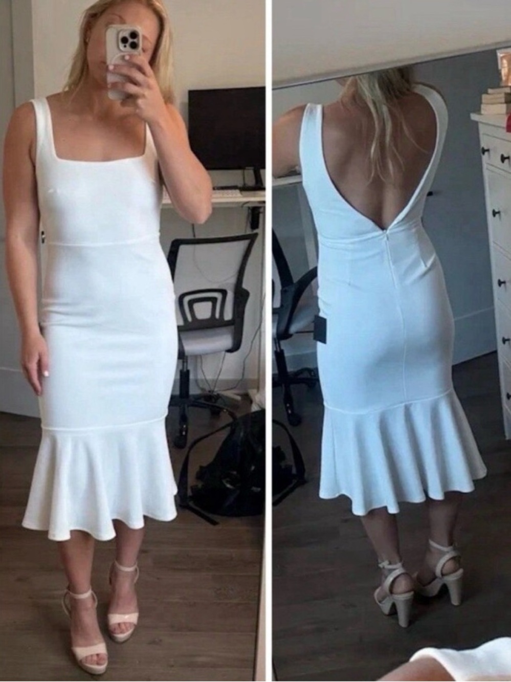 Lulus Moment Maker White Square Neck Trumpet Midi Dress Size Medium NWT Bridal